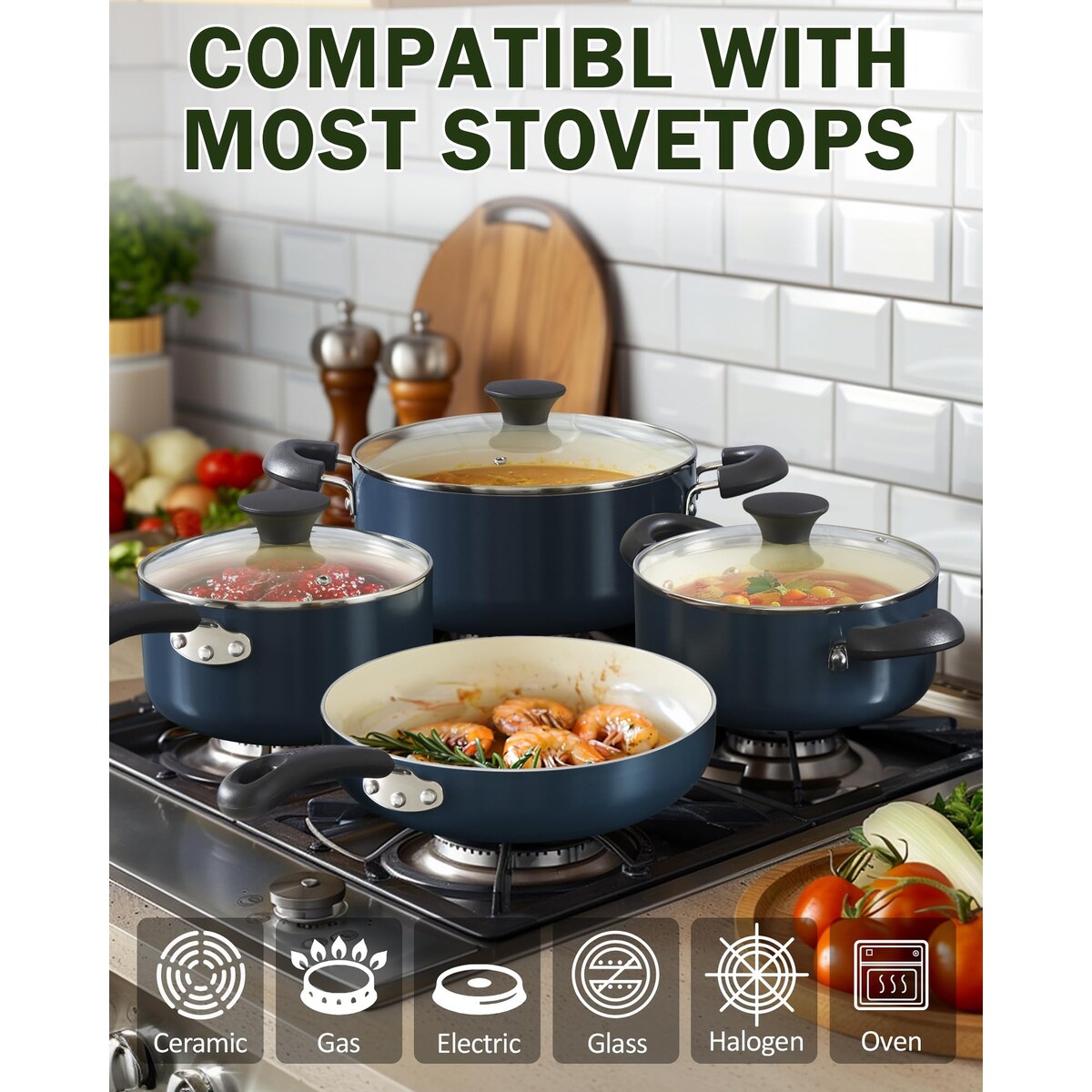 Batterie de cuisine antiadhésive en céramique, 10 pièces, avec casseroles et poêles