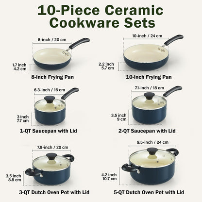 Batterie de cuisine antiadhésive en céramique, 10 pièces, avec casseroles et poêles