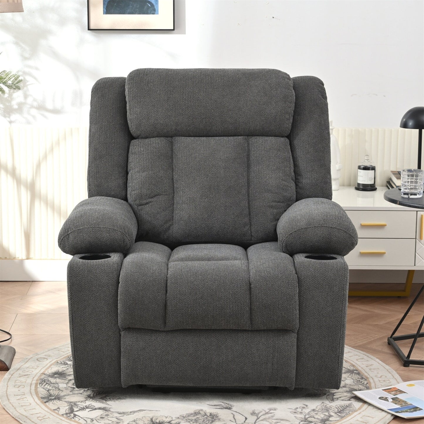 Fauteuil releveur électrique pour personnes âgées, fauteuil releveur en tissu avec repose-pieds allongé, 2 porte-gobelets, poches latérales et télécommande.