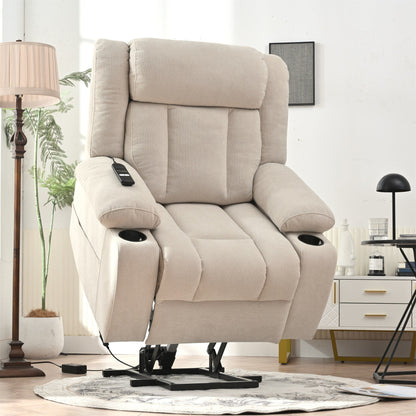 Fauteuil releveur électrique pour personnes âgées, fauteuil releveur en tissu avec repose-pieds allongé, 2 porte-gobelets, poches latérales et télécommande.