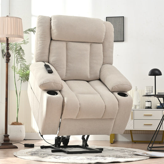 Fauteuil releveur électrique pour personnes âgées, fauteuil releveur en tissu avec repose-pieds allongé, 2 porte-gobelets, poches latérales et télécommande.