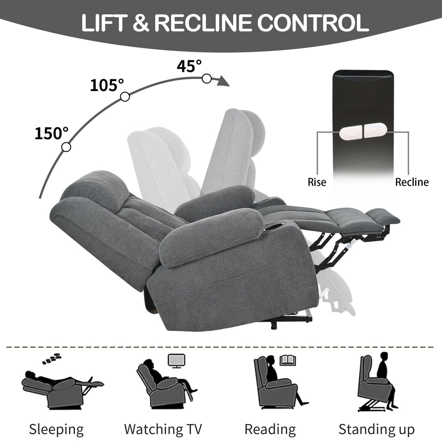 Fauteuil releveur électrique pour personnes âgées, fauteuil releveur en tissu avec repose-pieds allongé, 2 porte-gobelets, poches latérales et télécommande.