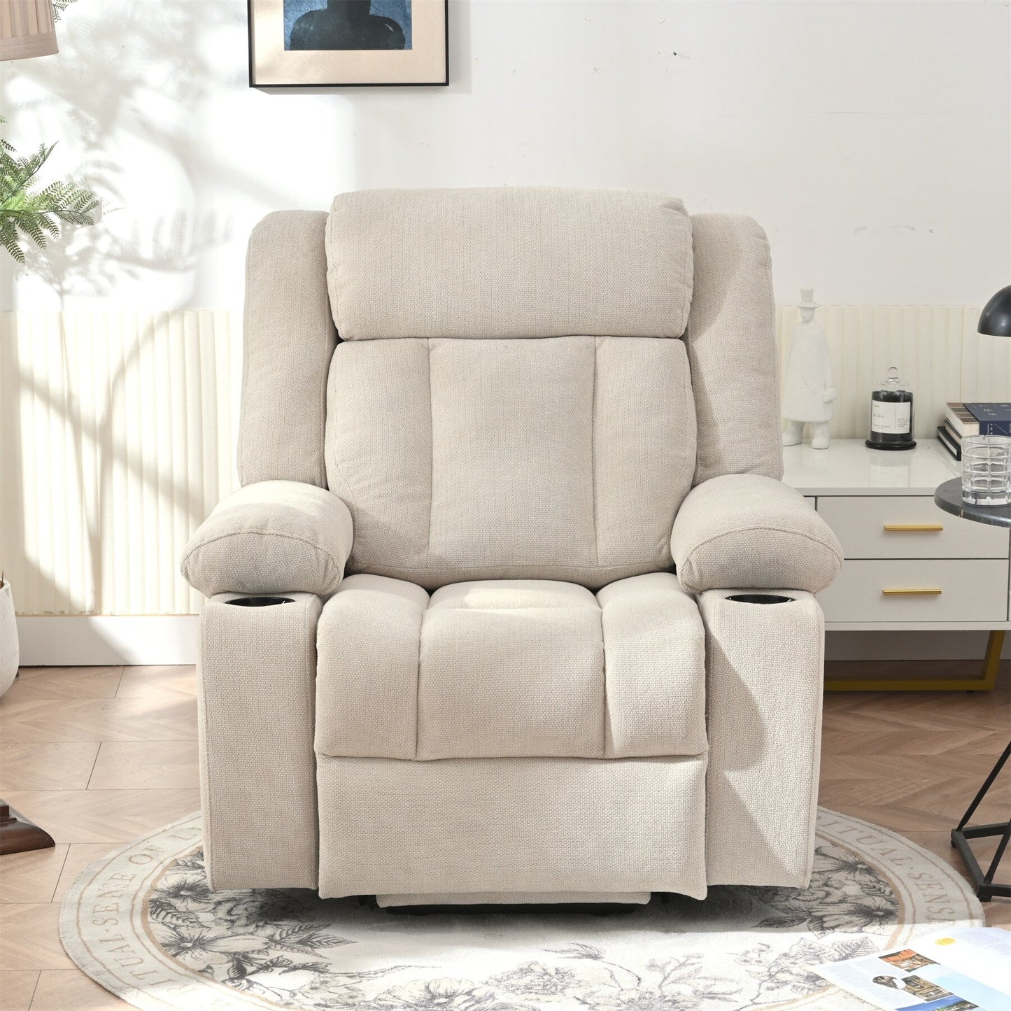 Fauteuil releveur électrique pour personnes âgées, fauteuil releveur en tissu avec repose-pieds allongé, 2 porte-gobelets, poches latérales et télécommande.