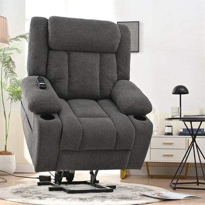 Fauteuil releveur électrique pour personnes âgées, fauteuil releveur en tissu avec repose-pieds allongé, 2 porte-gobelets, poches latérales et télécommande.