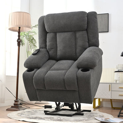 Fauteuil releveur électrique pour personnes âgées, fauteuil releveur en tissu avec repose-pieds allongé, 2 porte-gobelets, poches latérales et télécommande.