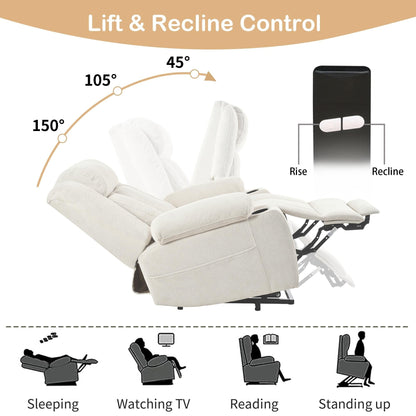Fauteuil releveur électrique pour personnes âgées, fauteuil releveur en tissu avec repose-pieds allongé, 2 porte-gobelets, poches latérales et télécommande.