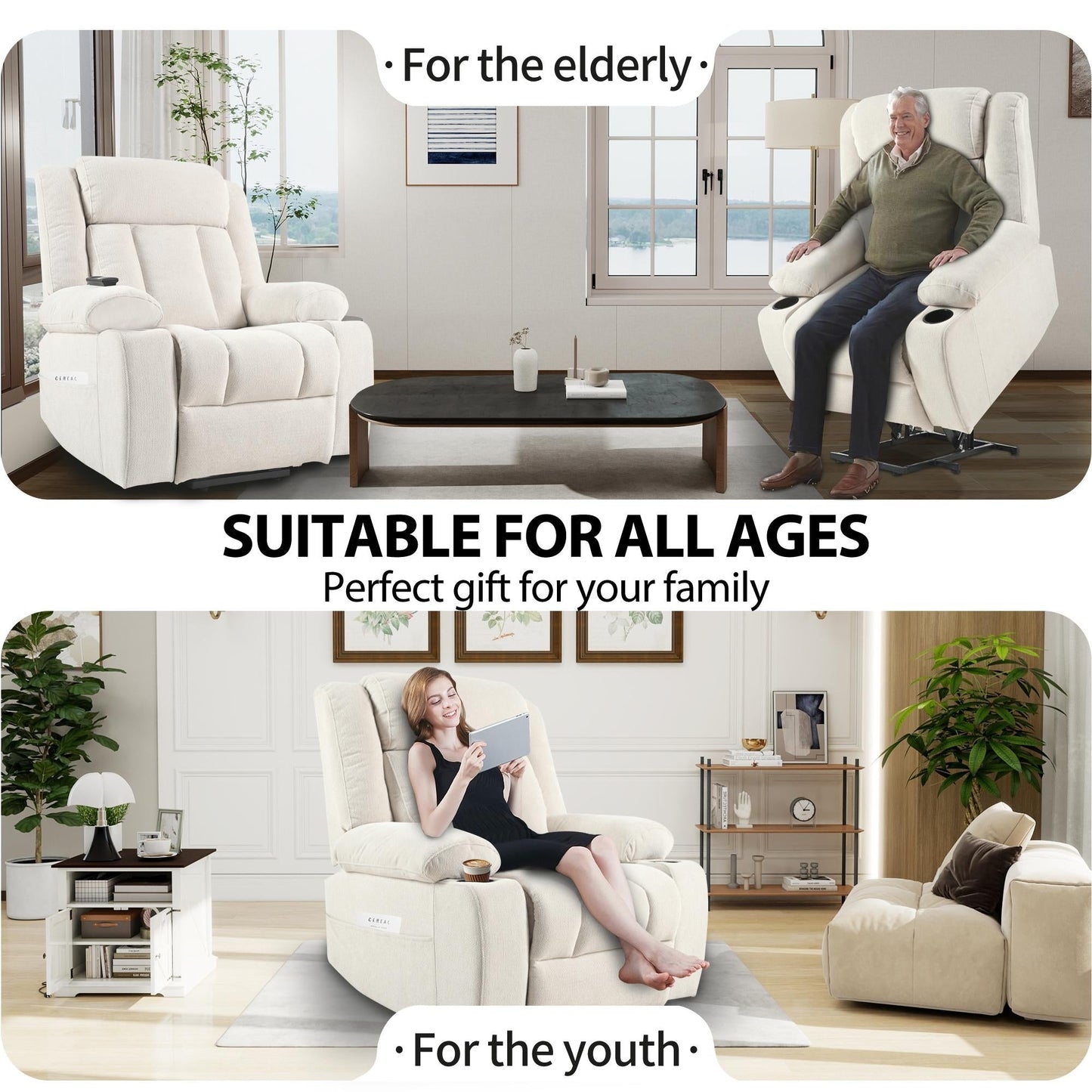 Fauteuil releveur électrique pour personnes âgées, fauteuil releveur en tissu avec repose-pieds allongé, 2 porte-gobelets, poches latérales et télécommande.