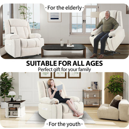 Fauteuil releveur électrique pour personnes âgées, fauteuil releveur en tissu avec repose-pieds allongé, 2 porte-gobelets, poches latérales et télécommande.