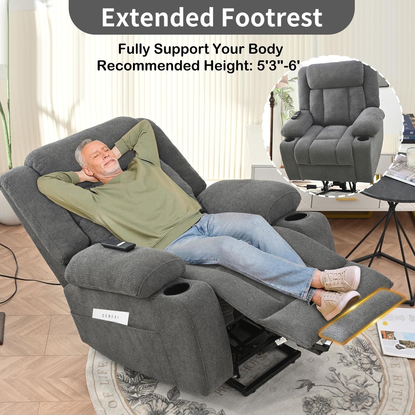 Fauteuil releveur électrique pour personnes âgées, fauteuil releveur en tissu avec repose-pieds allongé, 2 porte-gobelets, poches latérales et télécommande.