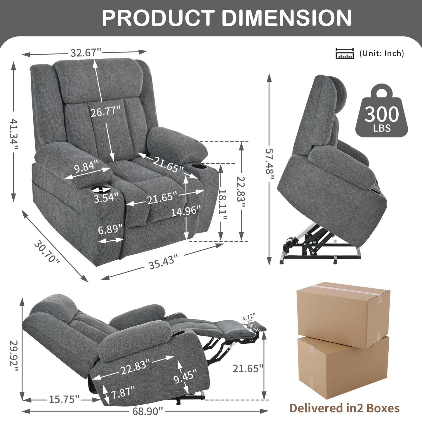 Fauteuil releveur électrique pour personnes âgées, fauteuil releveur en tissu avec repose-pieds allongé, 2 porte-gobelets, poches latérales et télécommande.