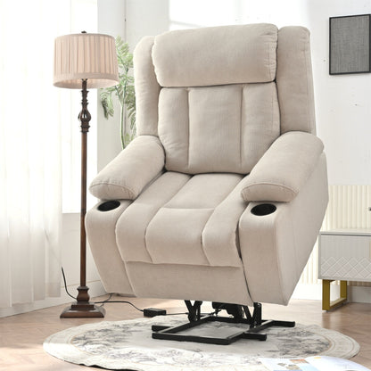Fauteuil releveur électrique pour personnes âgées, fauteuil releveur en tissu avec repose-pieds allongé, 2 porte-gobelets, poches latérales et télécommande.