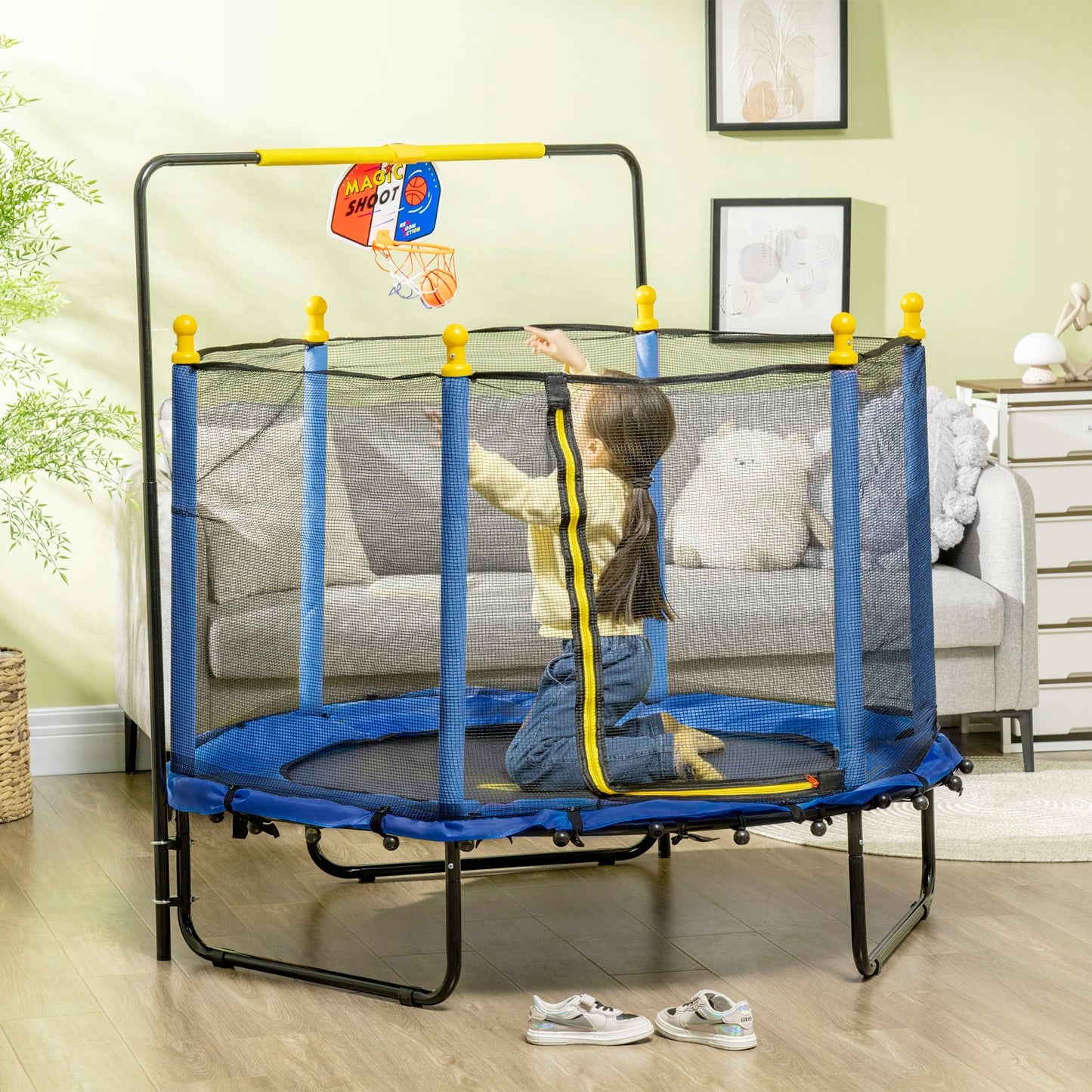 Trampoline Qaba 4,6' pour enfants avec panier de basket, barre horizontale, trampoline d'intérieur 55 pouces avec filet