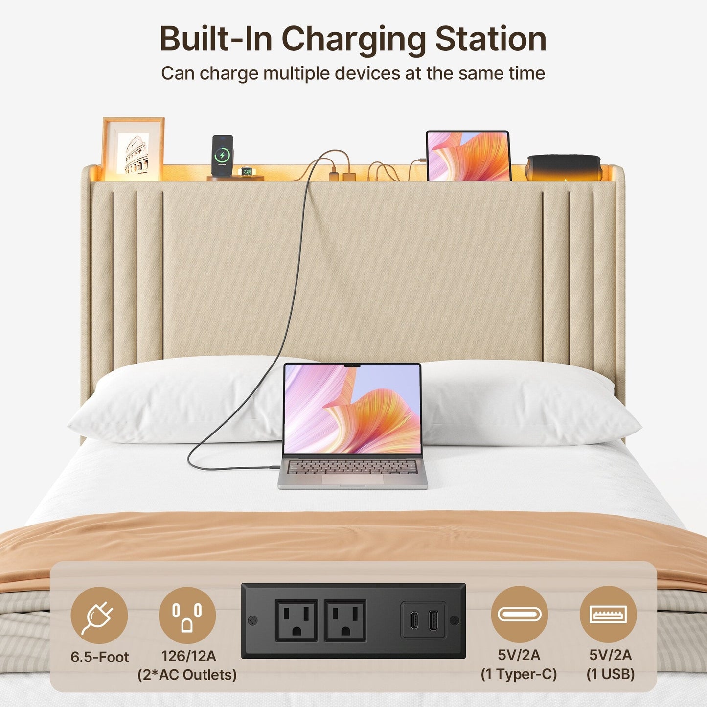 Lit Queen/Full rembourré à canaux verticaux avec tête de lit à oreilles