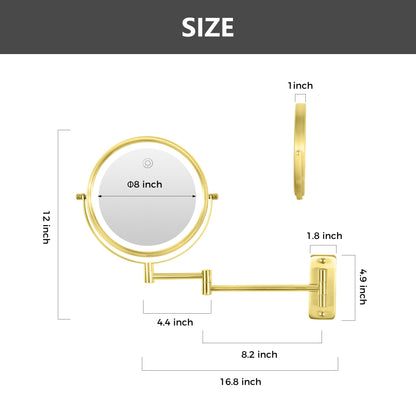 Miroir de maquillage mural rond de 8 pouces, rechargeable, grossissement 1x/10x, 3 lumières colorées