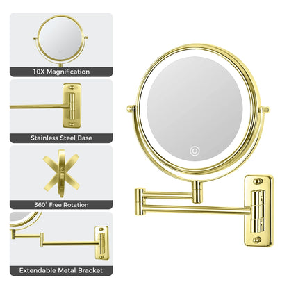 Miroir de maquillage mural rond de 8 pouces, rechargeable, grossissement 1x/10x, 3 lumières colorées
