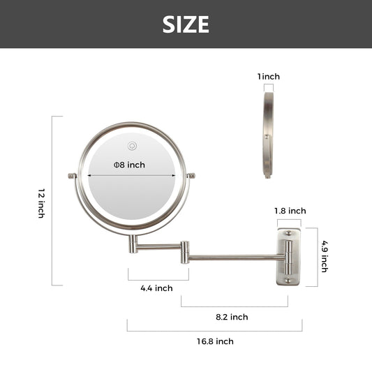 Miroir de maquillage mural rond de 8 pouces, rechargeable, grossissement 1x/10x, 3 lumières colorées