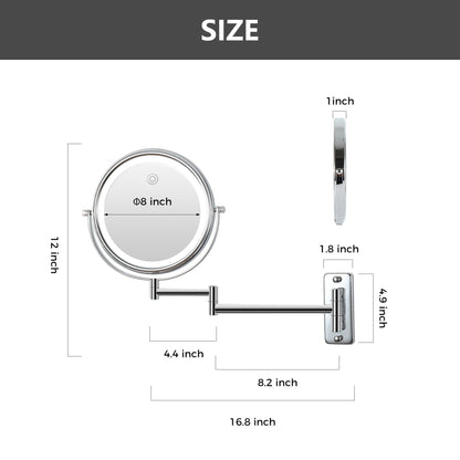 Miroir de maquillage mural rond de 8 pouces, rechargeable, grossissement 1x/10x, 3 lumières colorées