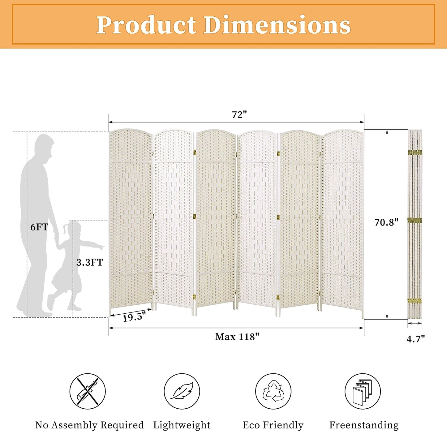 Paravent de séparation de pièce de 1,8 m de haut, écran de confidentialité autoportant en fibre tissée, écran pliant