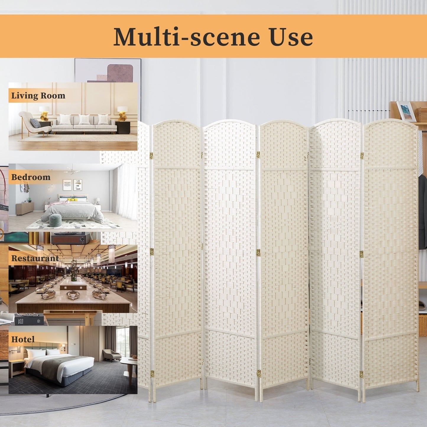 Paravent de séparation de pièce de 1,8 m de haut, écran de confidentialité autoportant en fibre tissée, écran pliant