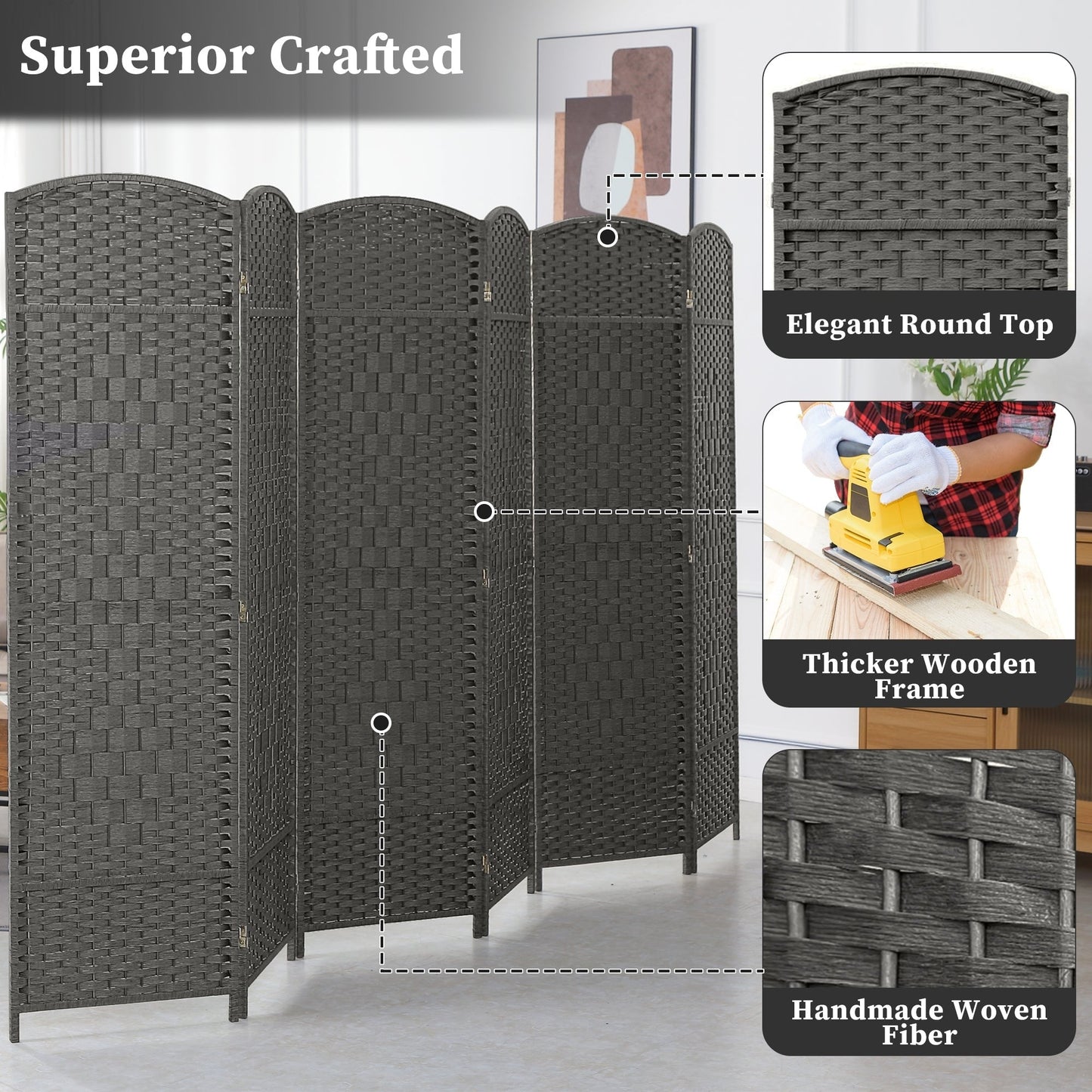 Paravent de séparation de pièce de 1,8 m de haut, écran de confidentialité autoportant en fibre tissée, écran pliant