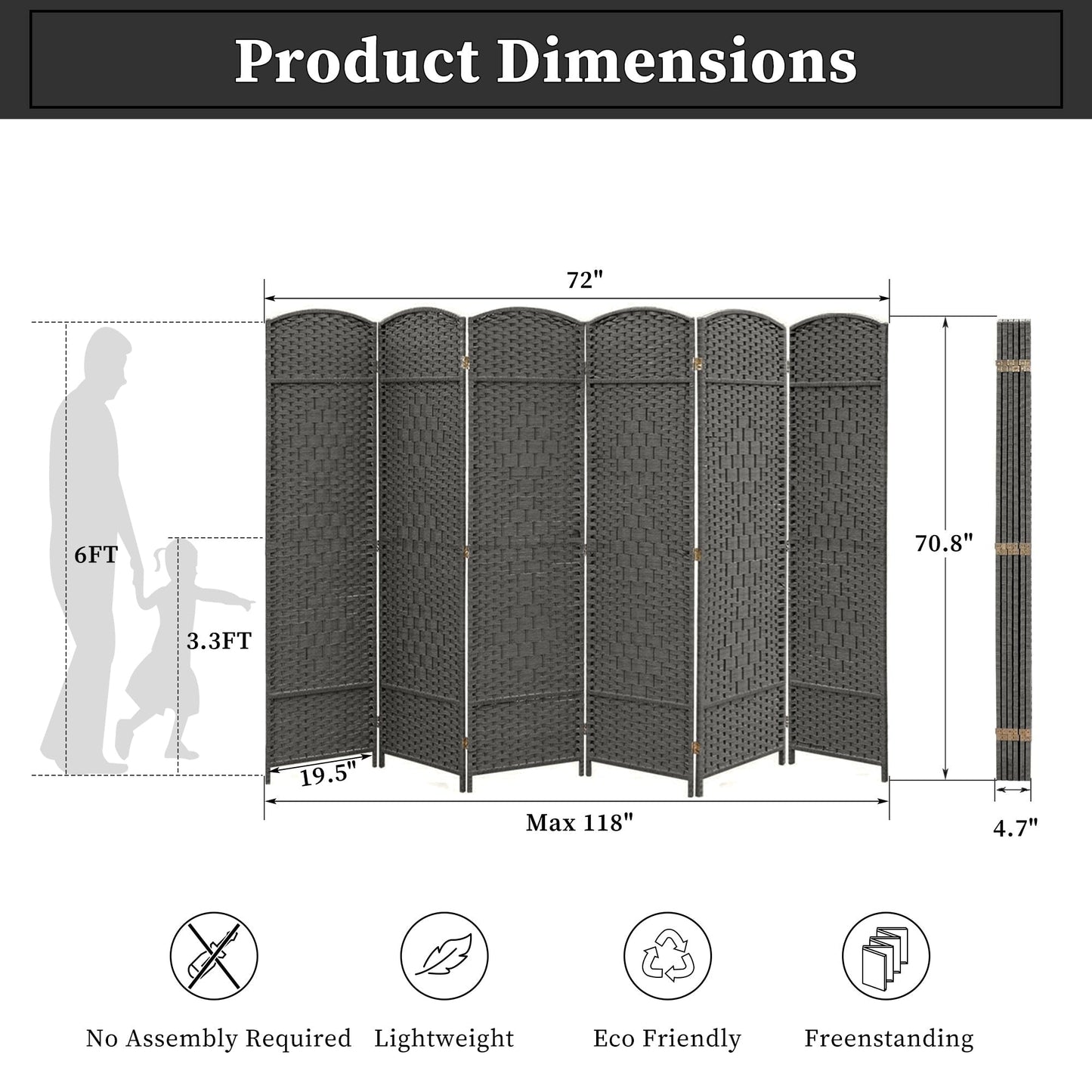 Paravent de séparation de pièce de 1,8 m de haut, écran de confidentialité autoportant en fibre tissée, écran pliant