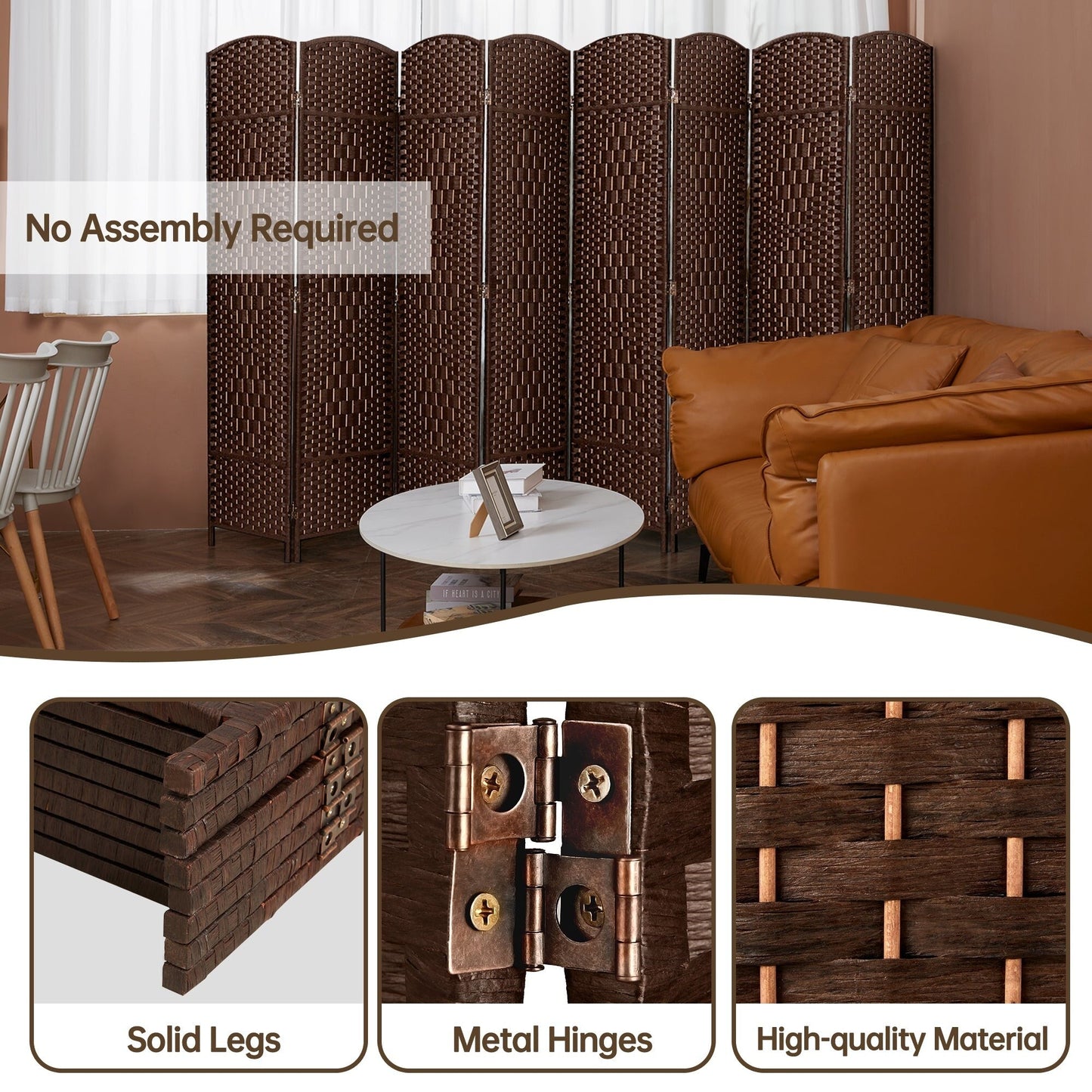 Paravent de séparation de pièce de 1,8 m de haut, écran de confidentialité autoportant en fibre tissée, écran pliant