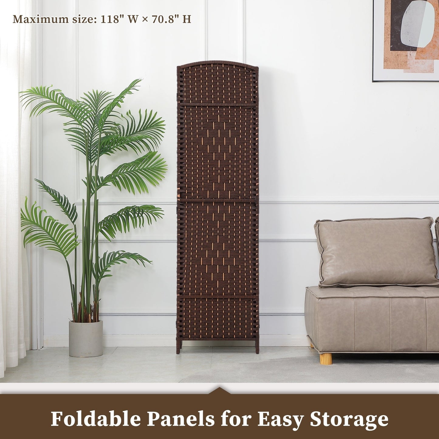 Paravent de séparation de pièce de 1,8 m de haut, écran de confidentialité autoportant en fibre tissée, écran pliant