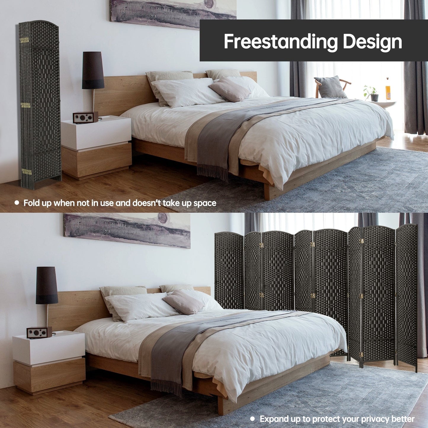 Paravent de séparation de pièce de 1,8 m de haut, écran de confidentialité autoportant en fibre tissée, écran pliant