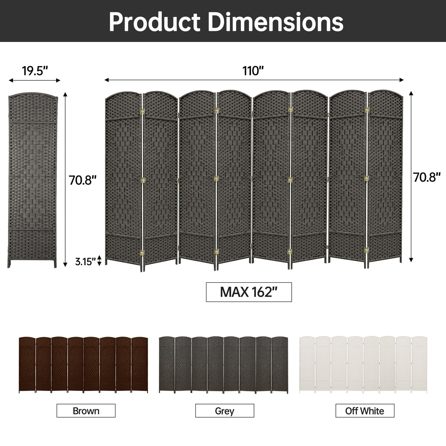 Paravent de séparation de pièce de 1,8 m de haut, écran de confidentialité autoportant en fibre tissée, écran pliant