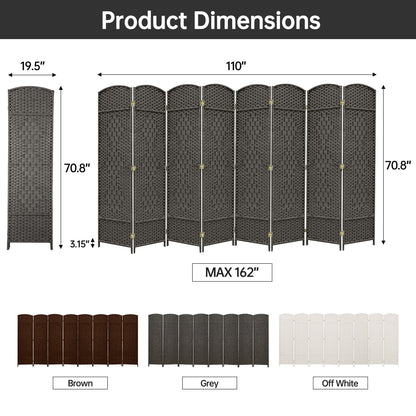 Paravent de séparation de pièce de 1,8 m de haut, écran de confidentialité autoportant en fibre tissée, écran pliant
