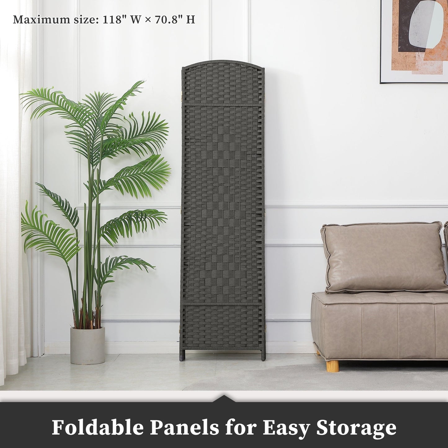 Paravent de séparation de pièce de 1,8 m de haut, écran de confidentialité autoportant en fibre tissée, écran pliant