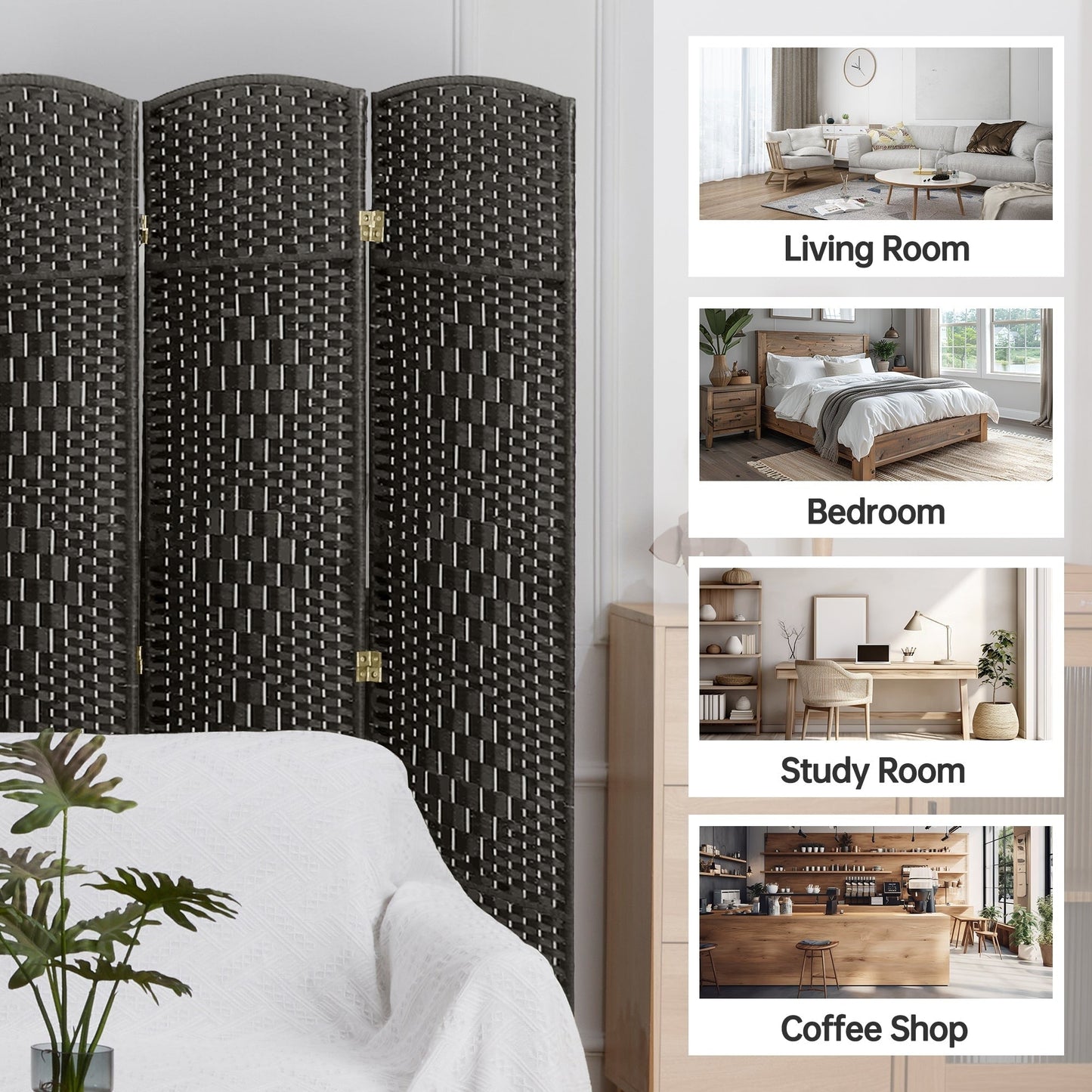 Paravent de séparation de pièce de 1,8 m de haut, écran de confidentialité autoportant en fibre tissée, écran pliant