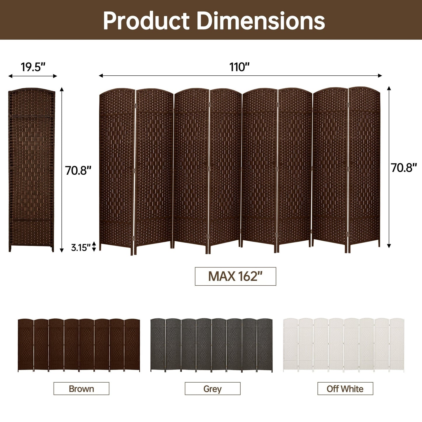 Paravent de séparation de pièce de 1,8 m de haut, écran de confidentialité autoportant en fibre tissée, écran pliant