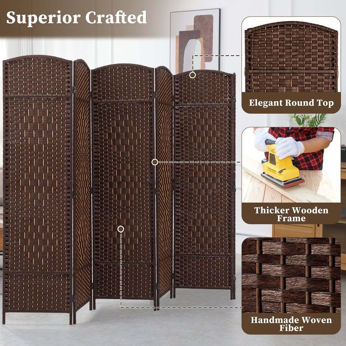 Paravent de séparation de pièce de 1,8 m de haut, écran de confidentialité autoportant en fibre tissée, écran pliant