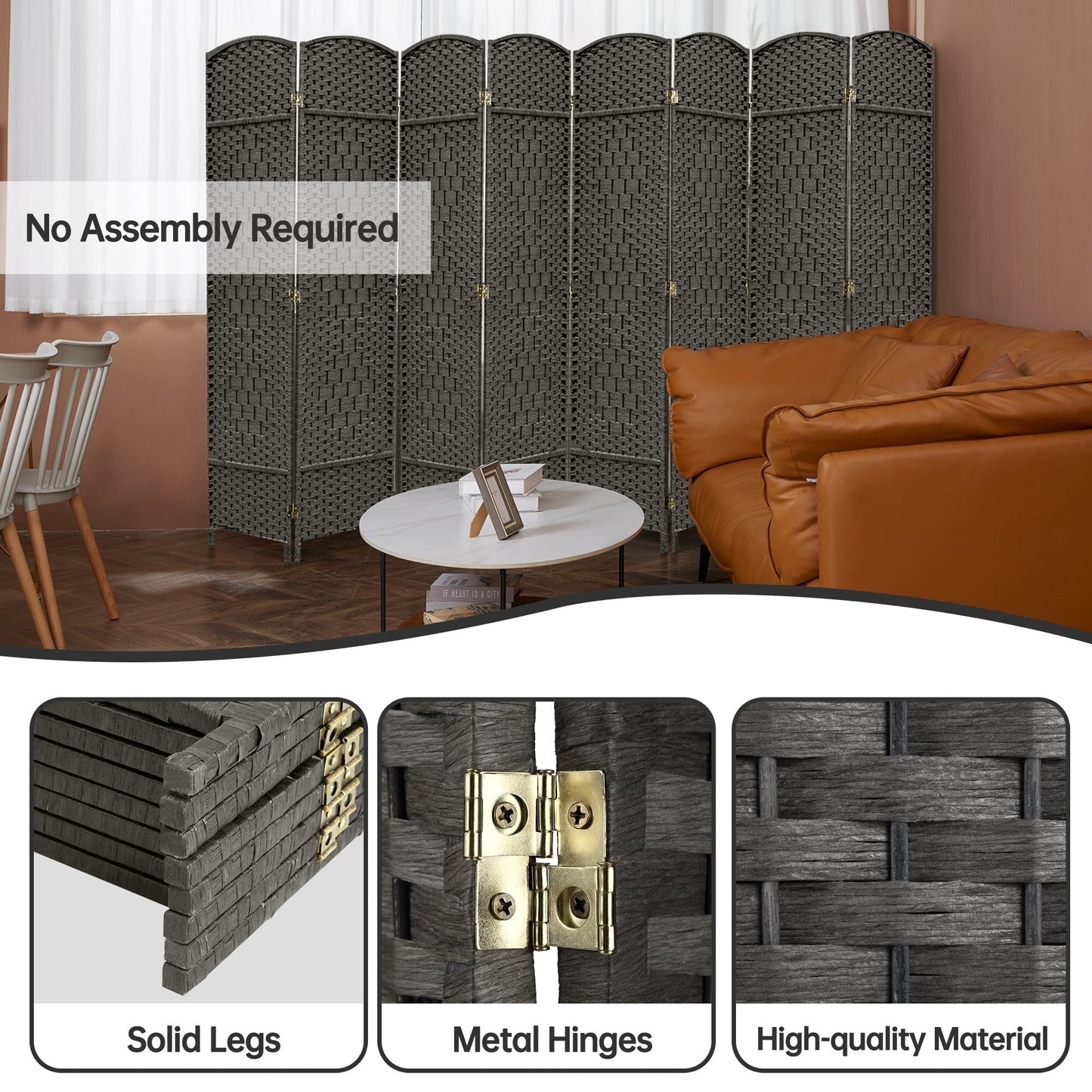 Paravent de séparation de pièce de 1,8 m de haut, écran de confidentialité autoportant en fibre tissée, écran pliant