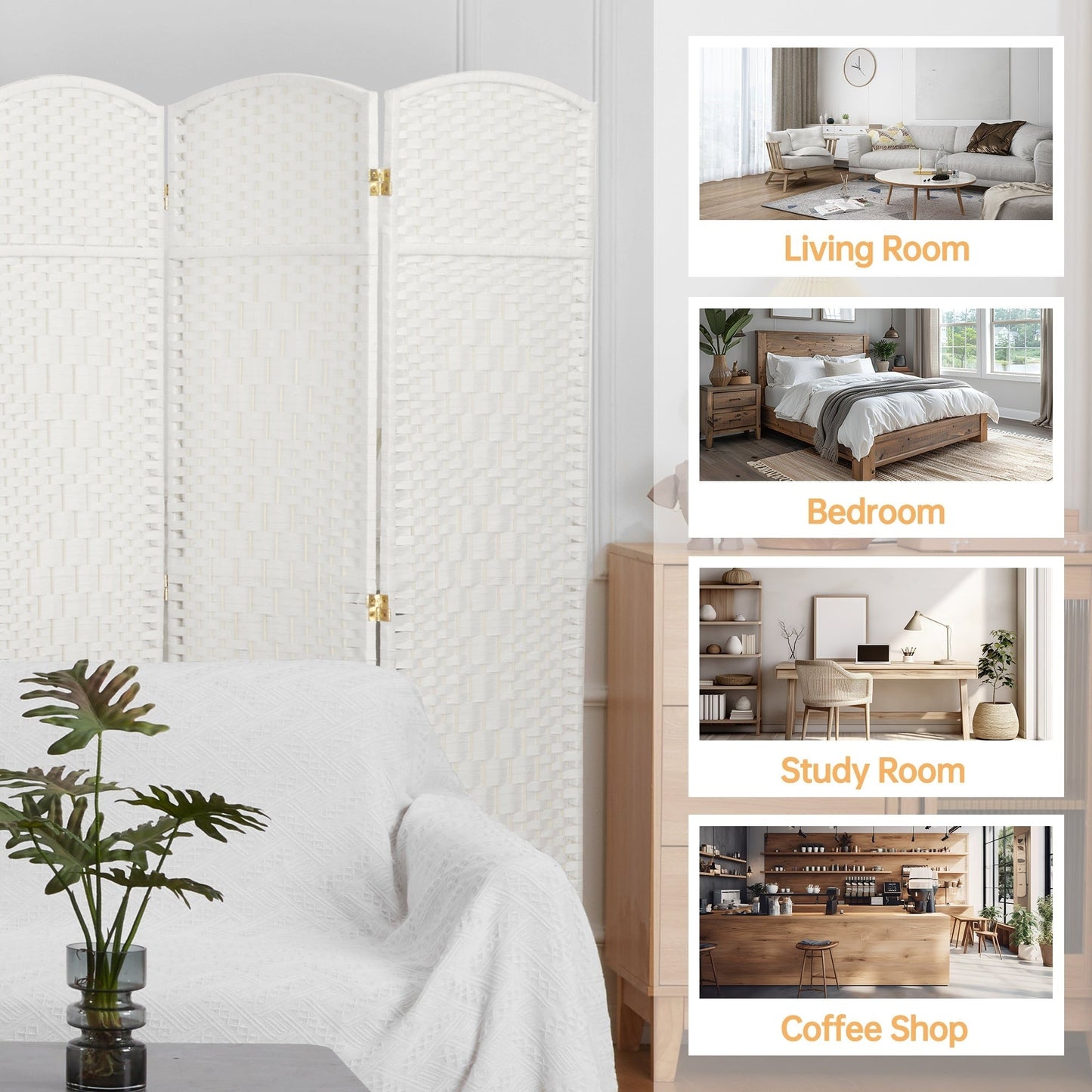 Paravent de séparation de pièce de 1,8 m de haut, écran de confidentialité autoportant en fibre tissée, écran pliant