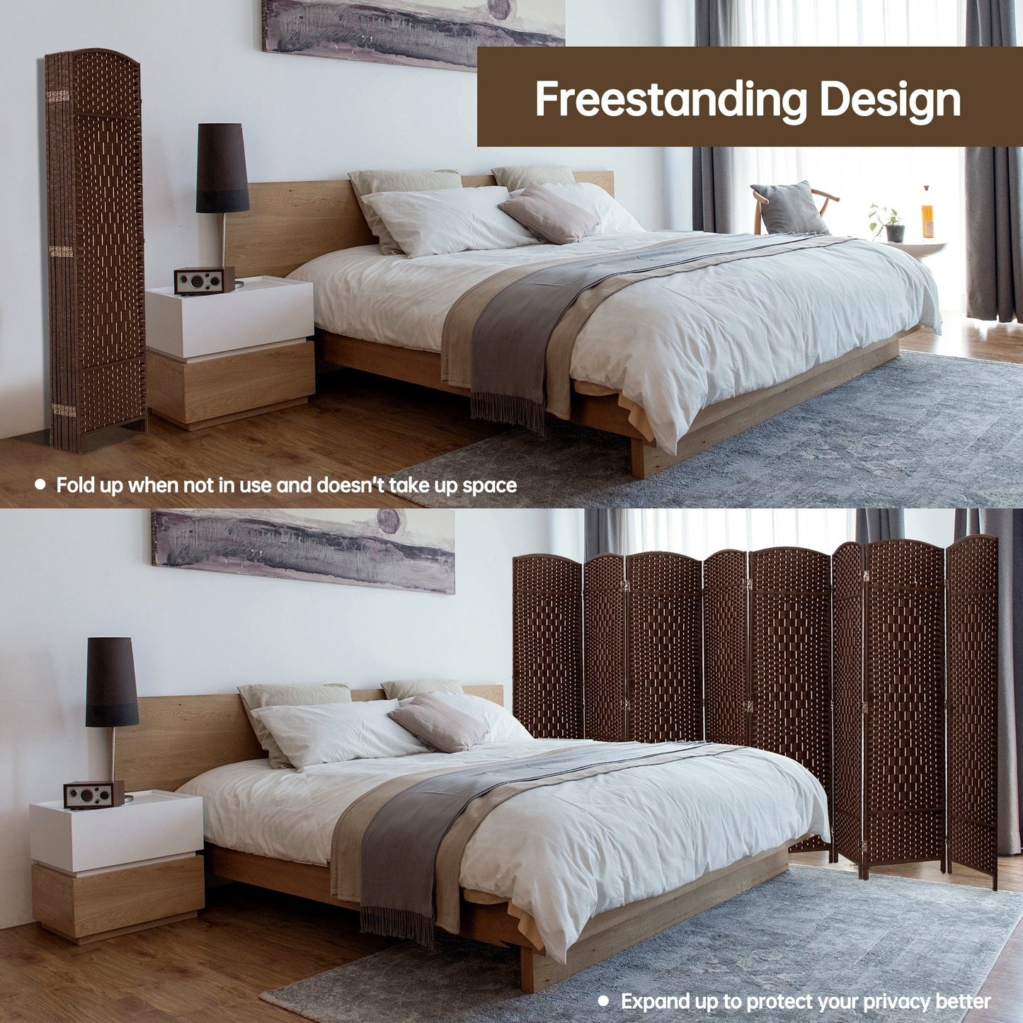 Paravent de séparation de pièce de 1,8 m de haut, écran de confidentialité autoportant en fibre tissée, écran pliant