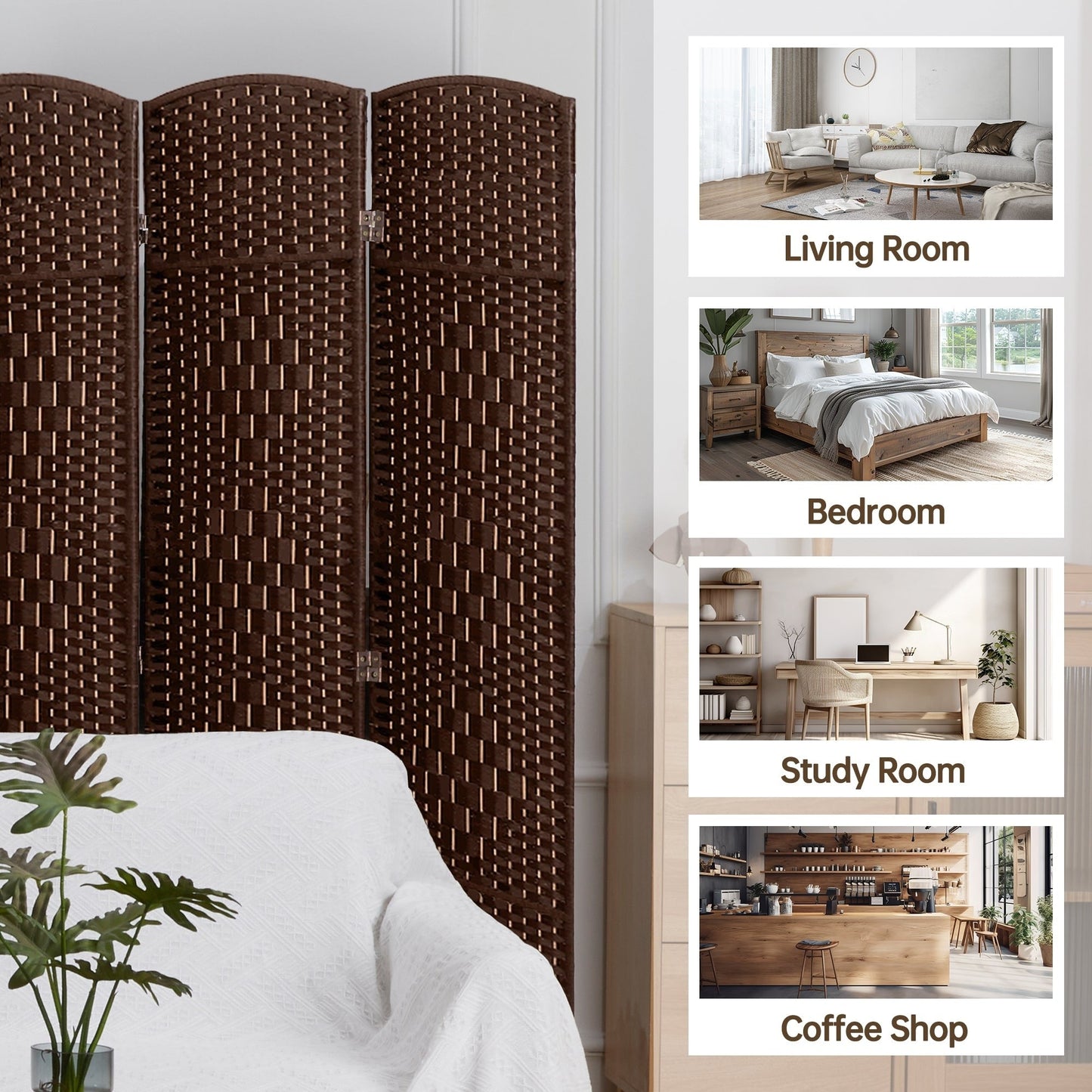 Paravent de séparation de pièce de 1,8 m de haut, écran de confidentialité autoportant en fibre tissée, écran pliant