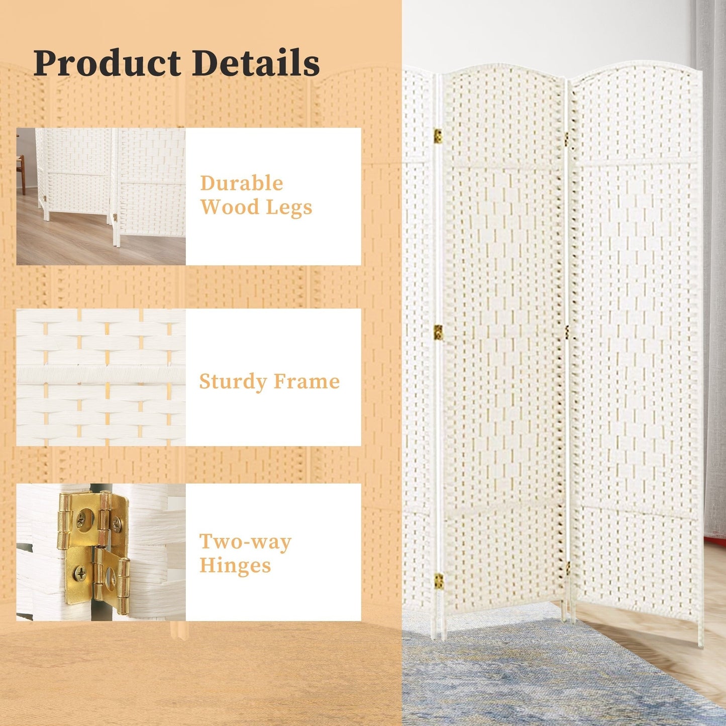 Paravent de séparation de pièce de 1,8 m de haut, écran de confidentialité autoportant en fibre tissée, écran pliant