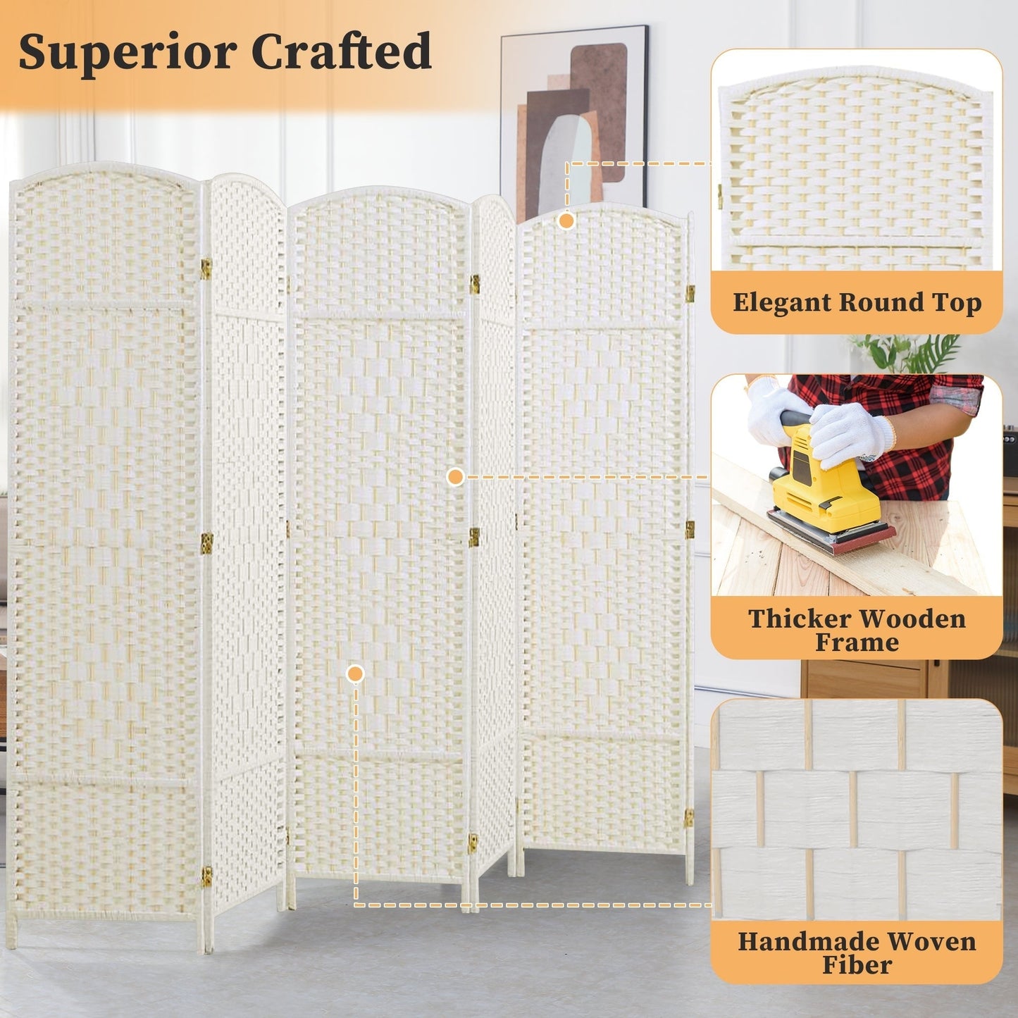 Paravent de séparation de pièce de 1,8 m de haut, écran de confidentialité autoportant en fibre tissée, écran pliant