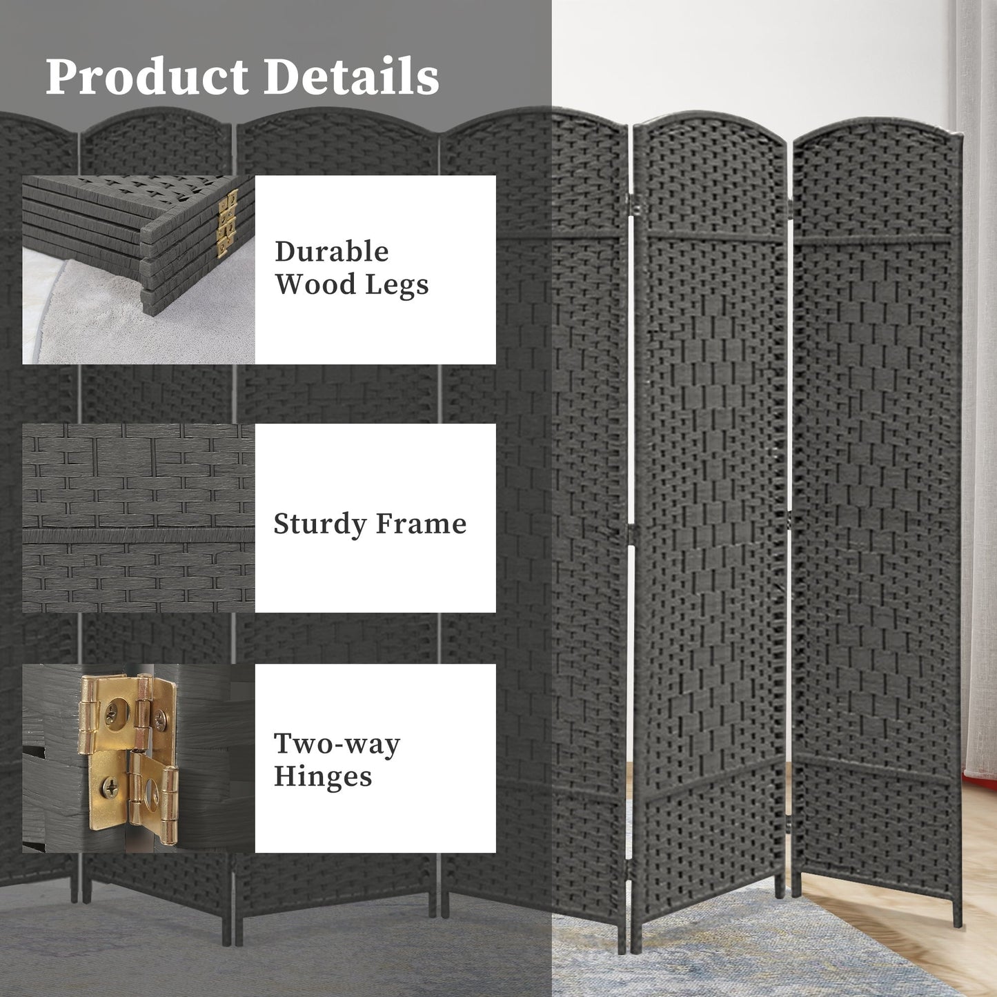 Paravent de séparation de pièce de 1,8 m de haut, écran de confidentialité autoportant en fibre tissée, écran pliant