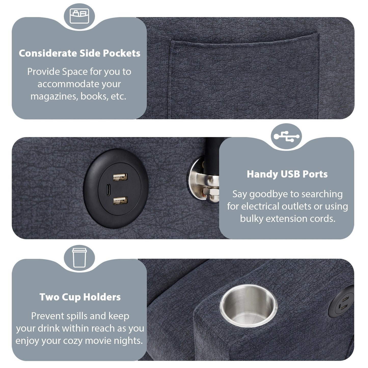 Canapé-lit convertible Roomfitters avec ports USB, poches latérales, porte-gobelets et support de téléphone pivotant pour le salon