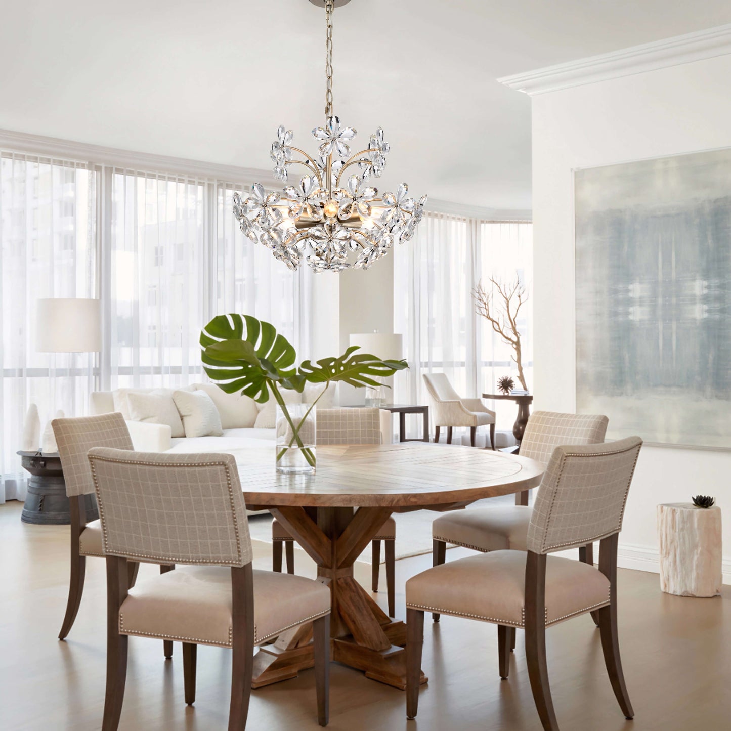 Lustre Rosa à 6 lumières en cristal argenté brossé, motif fleur de champagne