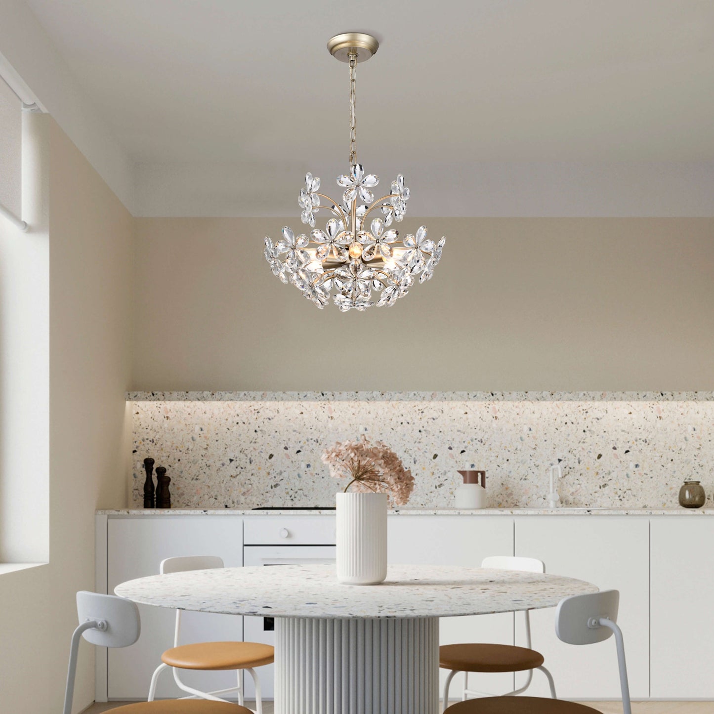 Lustre Rosa à 6 lumières en cristal argenté brossé, motif fleur de champagne