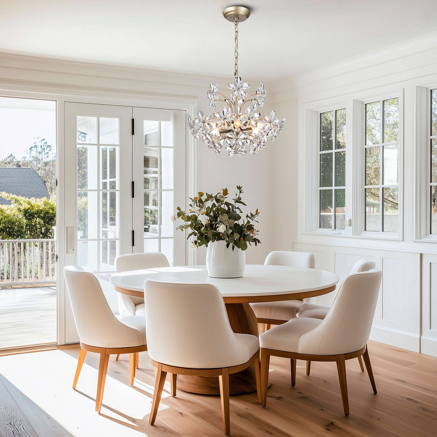 Lustre Rosa à 6 lumières en cristal argenté brossé, motif fleur de champagne