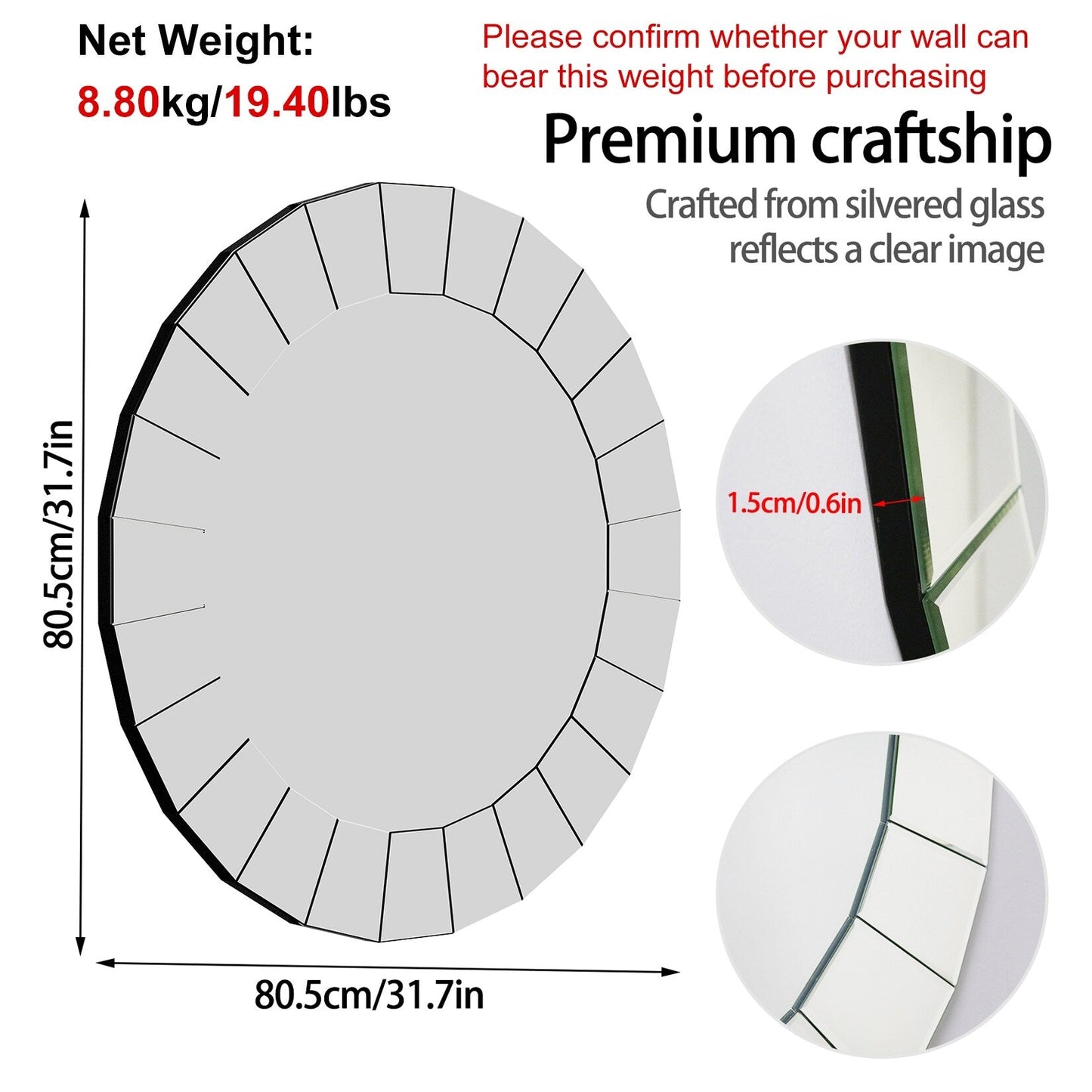 Miroir décoratif mural rond en verre vénitien - 32 x 32