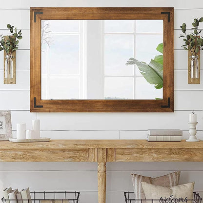Miroir mural rustique encadré en bois, miroir de salle de bain en bois naturel