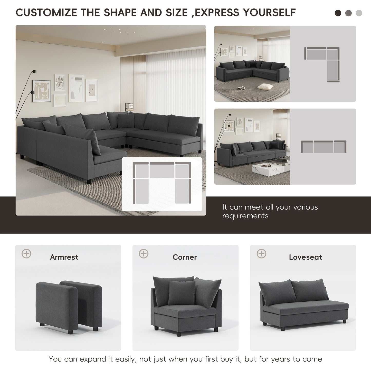 Canapé sectionnel, ensemble de canapés réversibles en chenille en forme de U, combinaison libre, canapé convertible surdimensionné 8 places