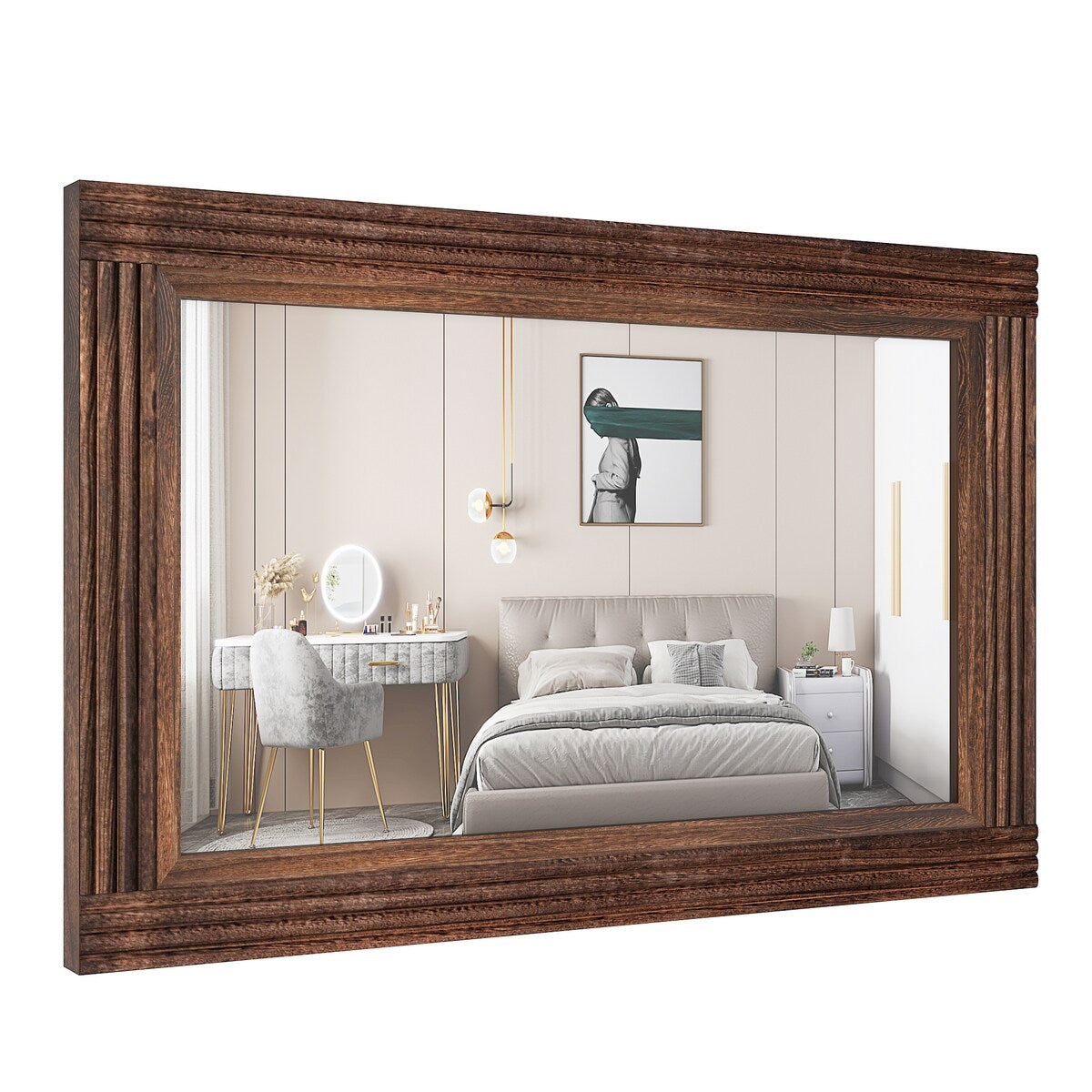 Miroir de salle de bain plat avec cadre en bois massif