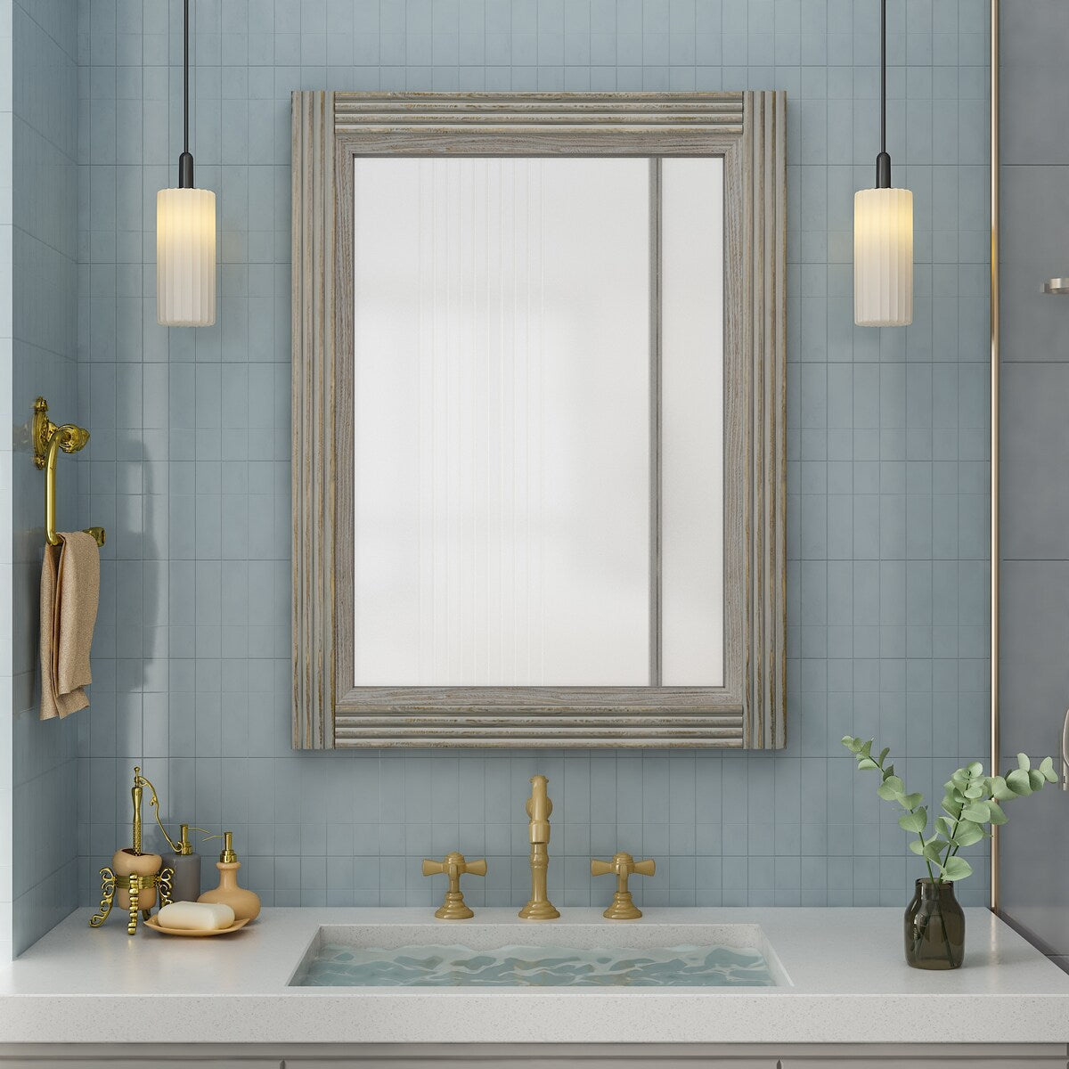 Miroir de salle de bain plat avec cadre en bois massif